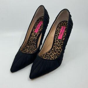 Betsey Johnson Ruched Fabric and Leopard Pointed Toe Black Pumps Heels